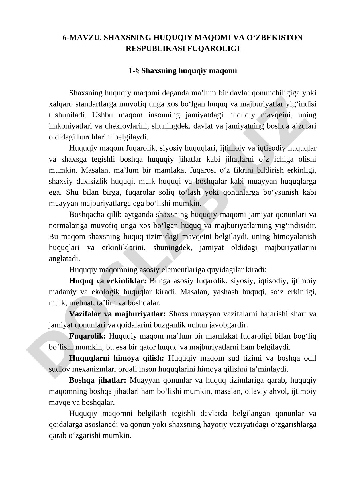 SHAXSNING HUQUQIY MAQOMI VA O‘ZBEKISTON RESPUBLIKASI FUQAROLIGI