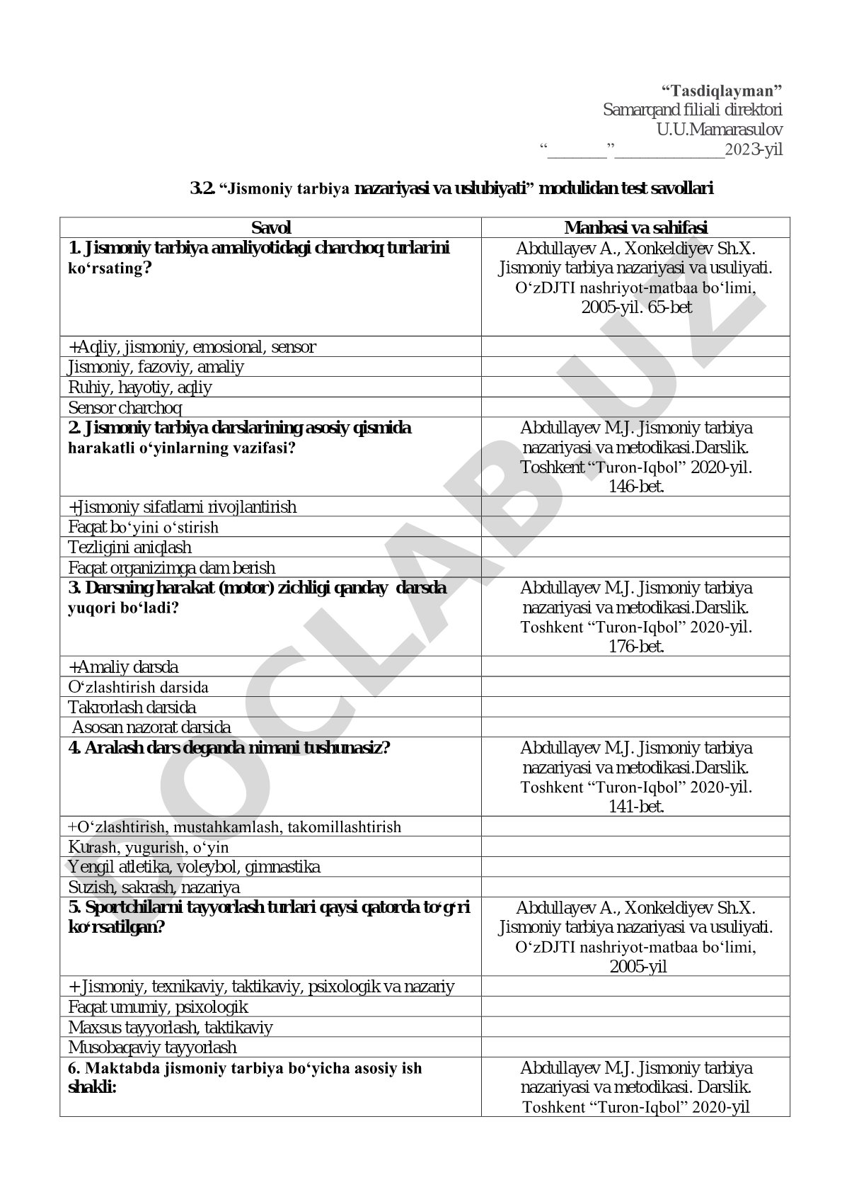 Jismoniy tarbiya nazariyasi va uslubiyati modulidan test savollari