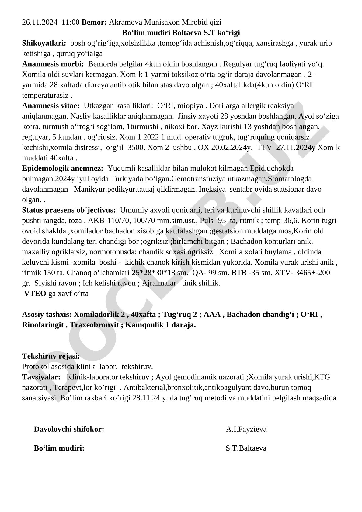 Homilador ayolni klinik tekshirish natijalari