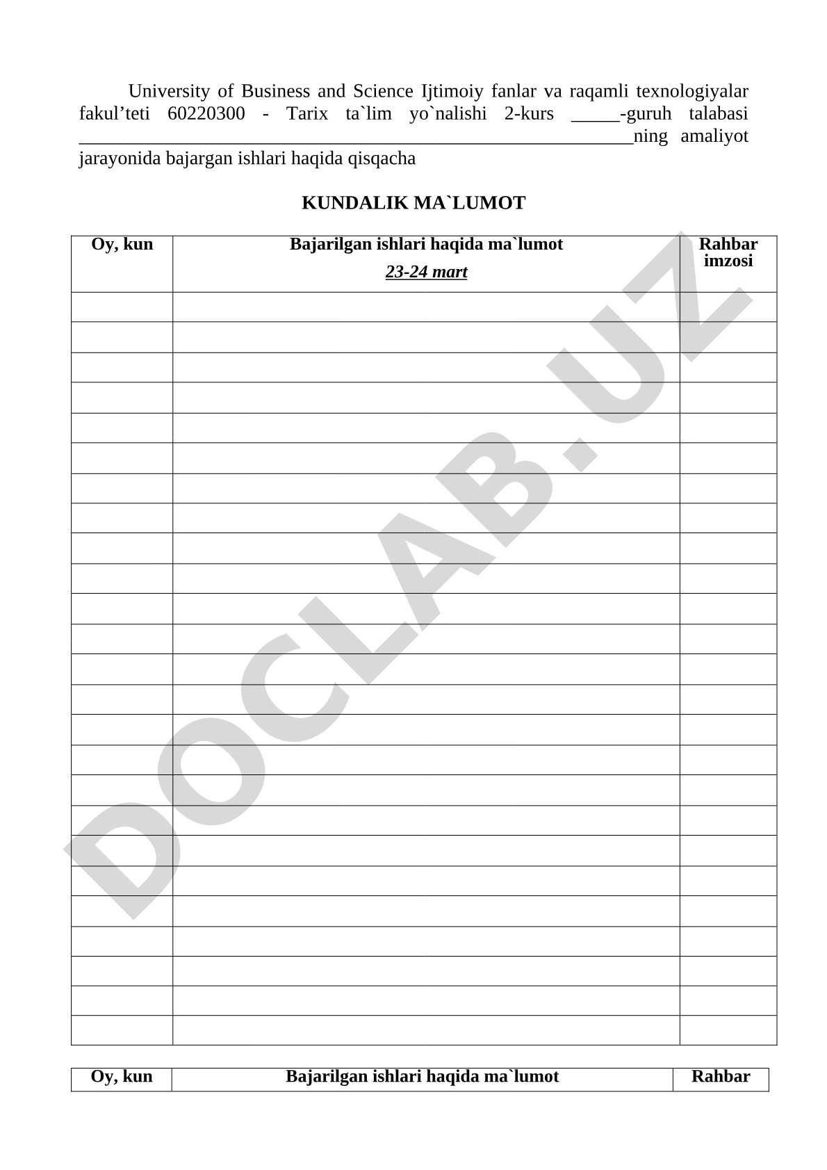 Amaliyot jarayonida bajarilgan ishlar kundaligi