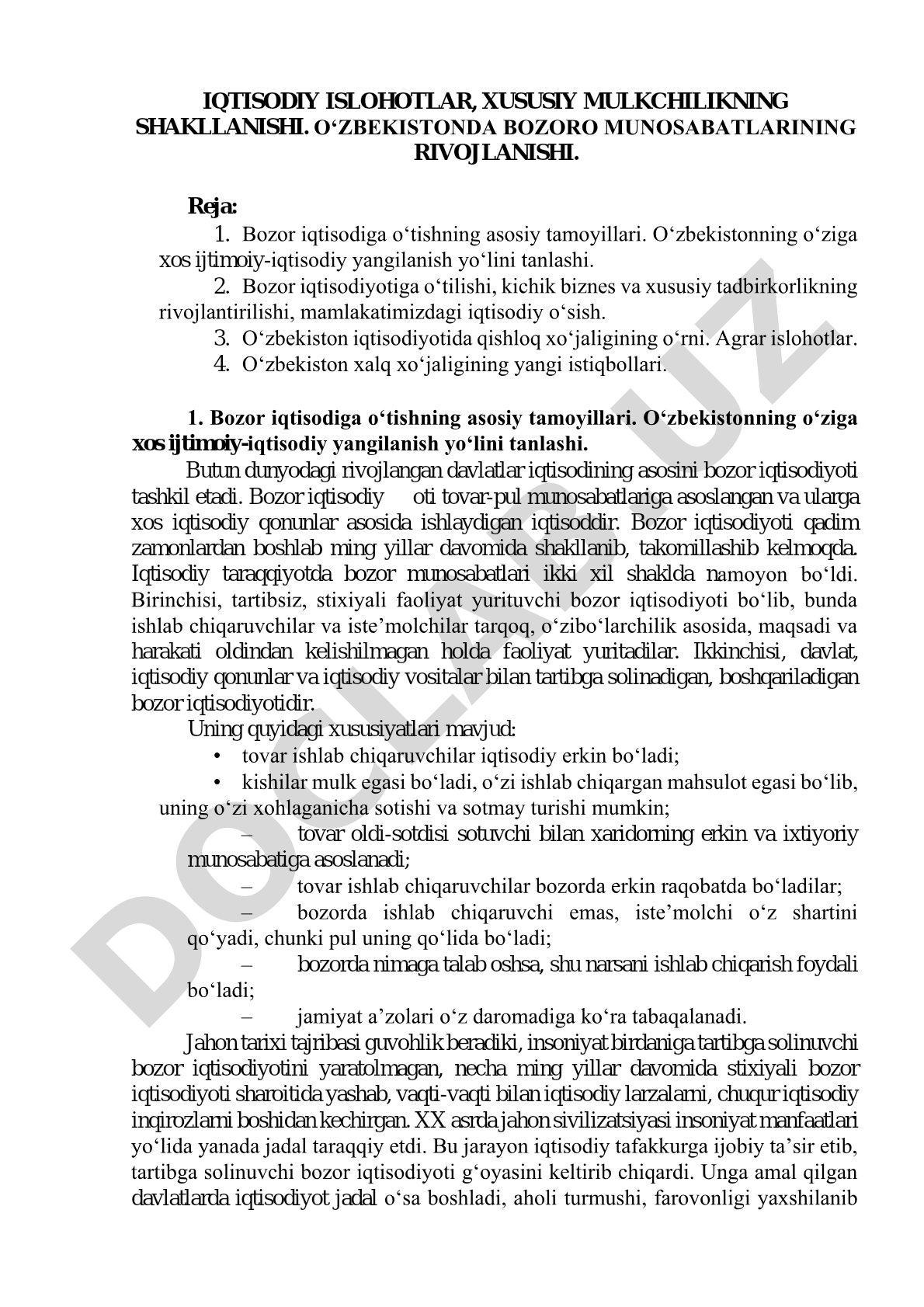 Iqtisodiy islohotlar, xususiy mulkchilikning shakllanishi, O‘zbekistonda bozor munosabatlarining rivojlanishi