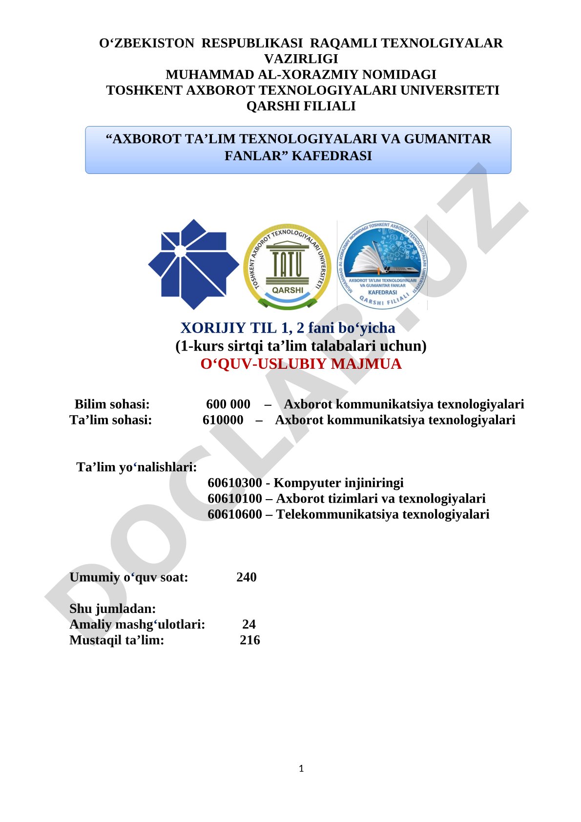 Xorijiy til 1,2 fani bo'yicha o'quv-uslubiy majmua
