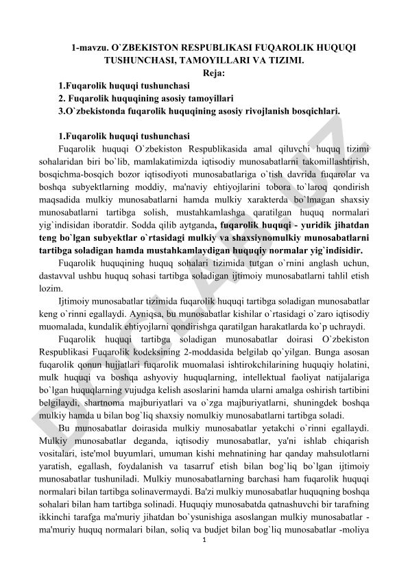 O'zbekiston Respublikasi fuqarolik huquqi tushunchasi, tamoyillari va tizimi