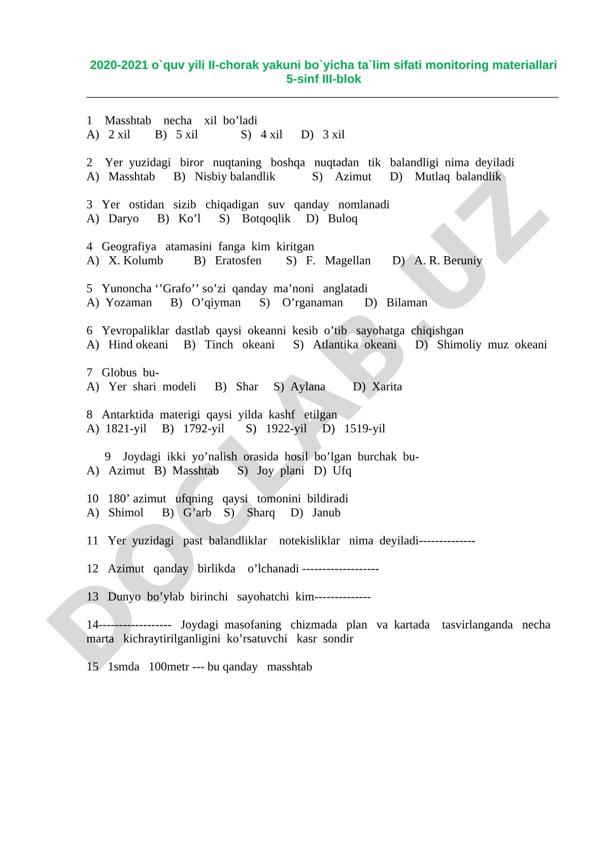 5-sinf geografiya fanidan ta'lim sifati monitoring testlari