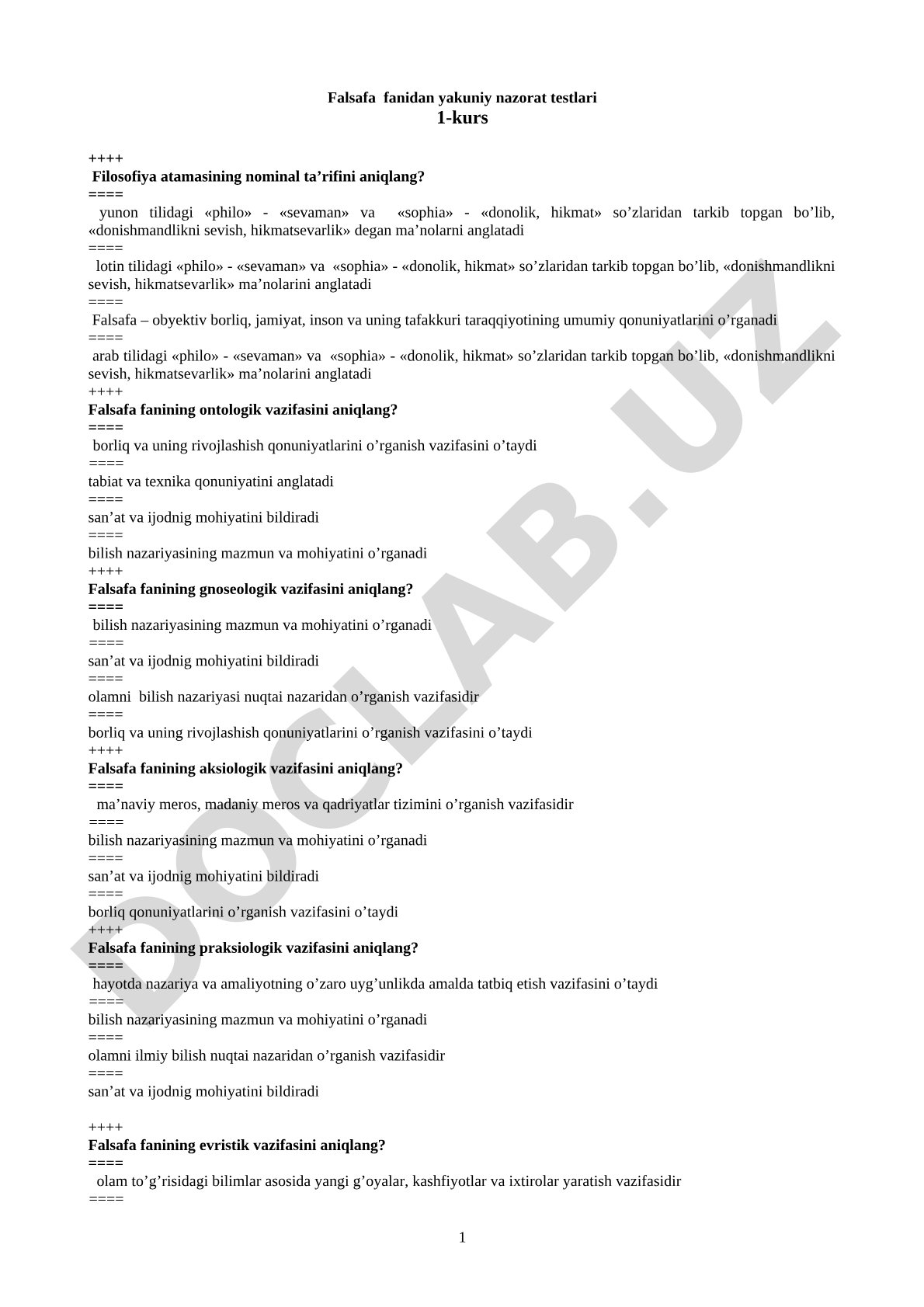 Falsafa fanidan yakuniy nazorat testlari 1-kurs