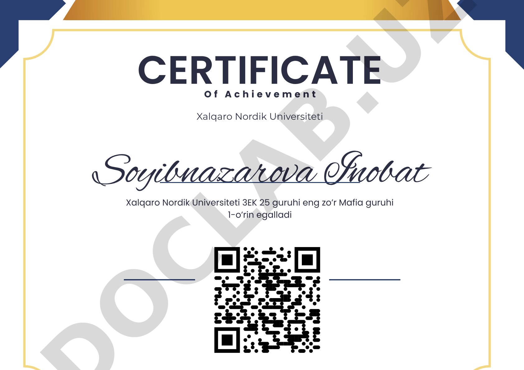 Soyibnazarova Inobat Certificate of Achievement