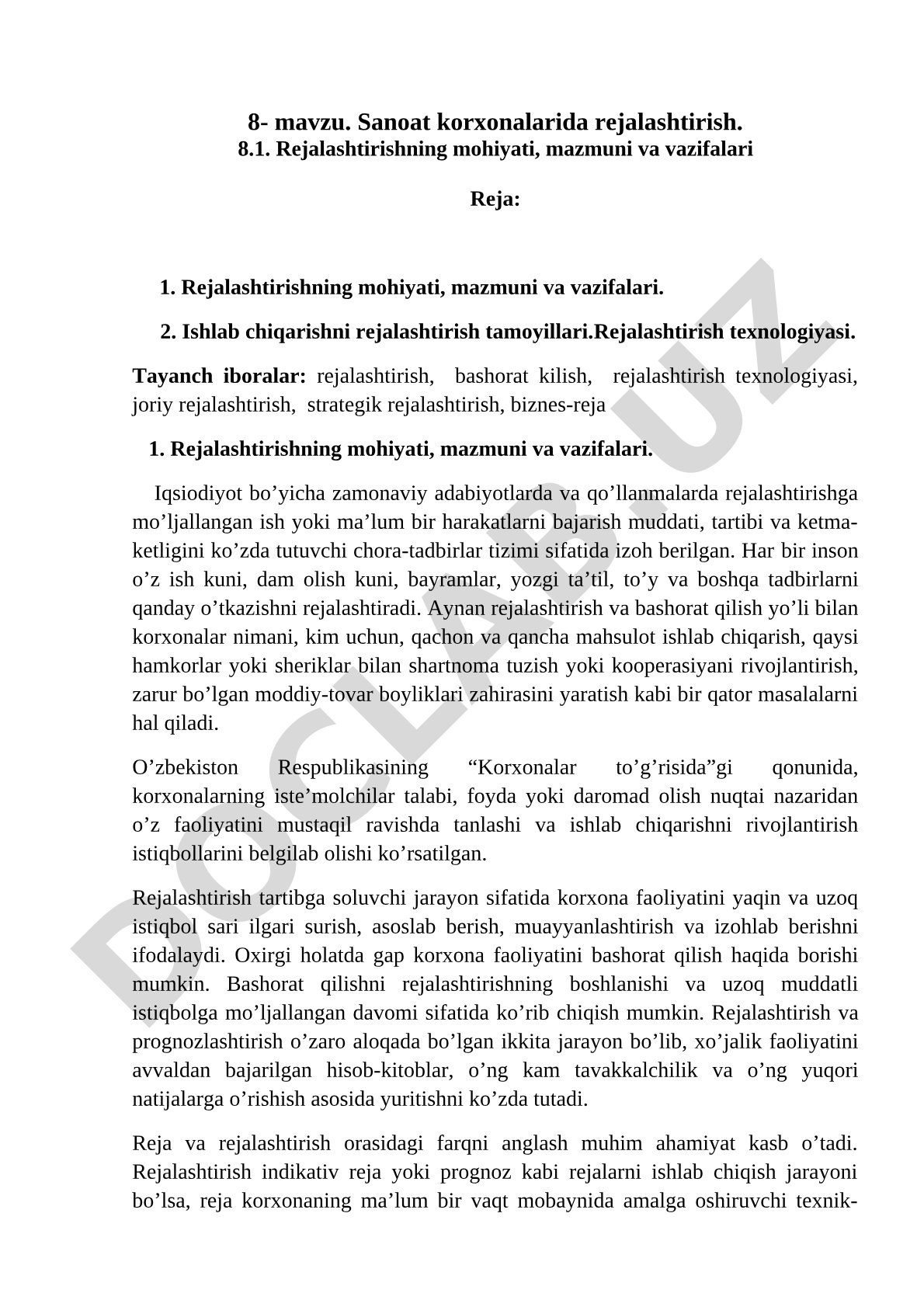 Sanoat korxonalarida rejalashtirish mohiyati, vazifalari va tamoyillari haqida