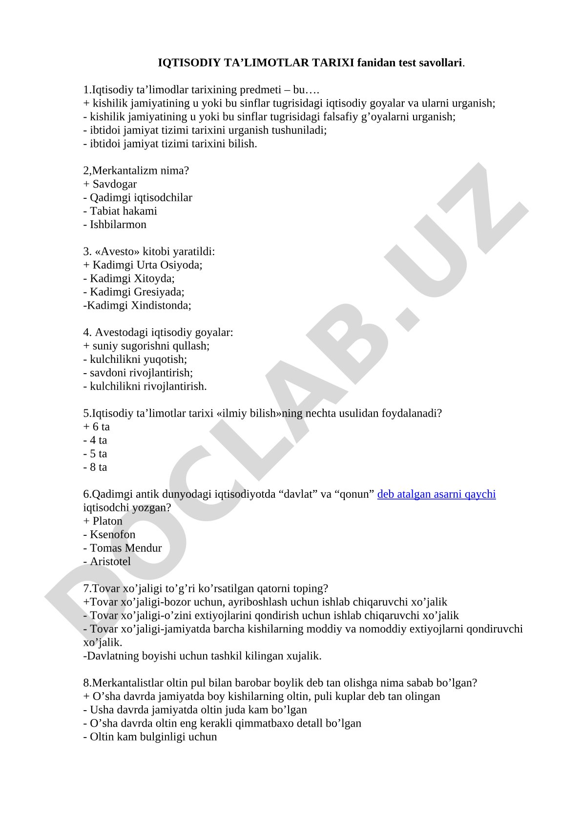 Iqtisodiy ta’limotlar tarixi fanidan test savollari