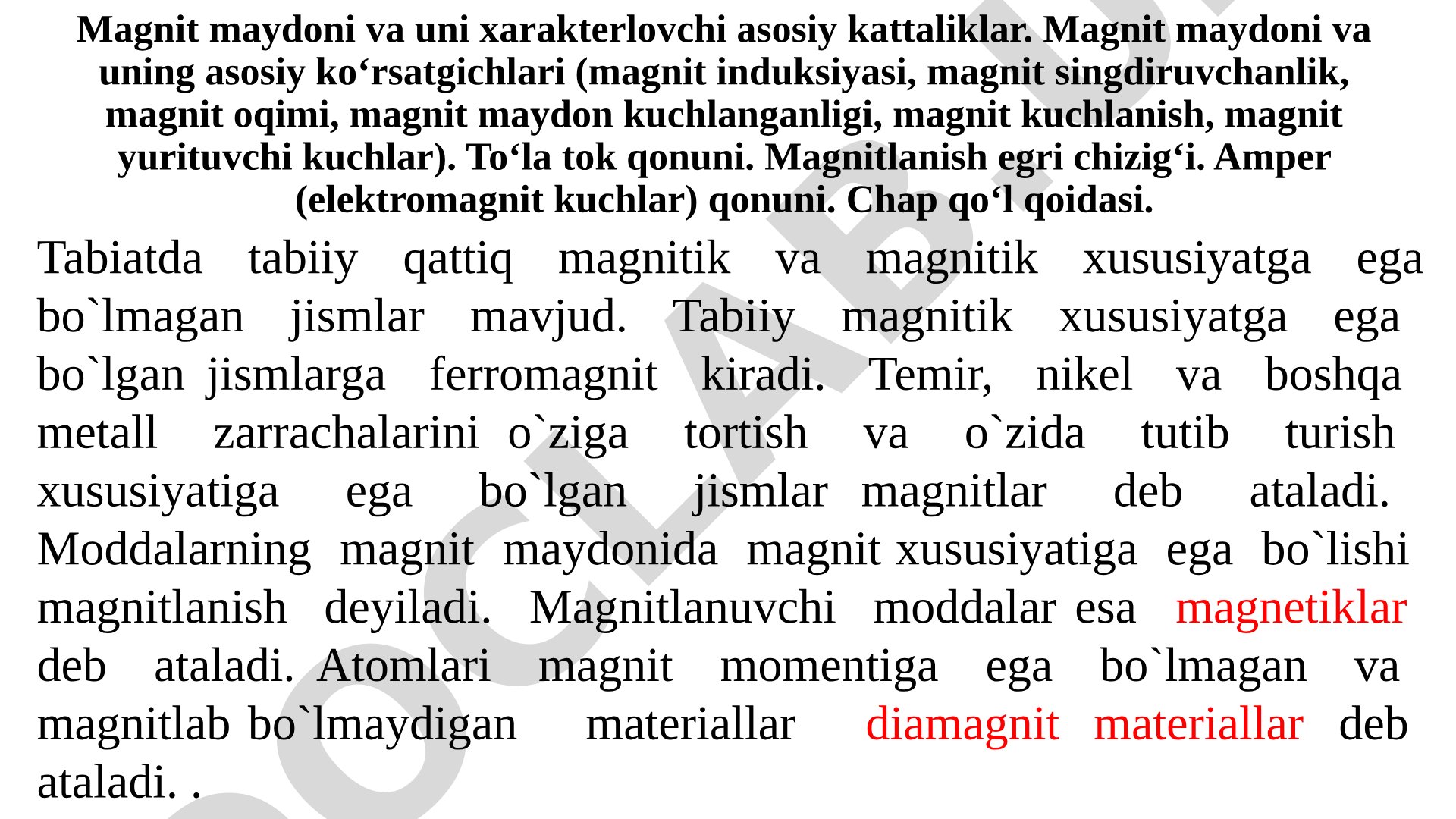 Magnit maydoni va uni xarakterlovchi asosiy kattaliklar