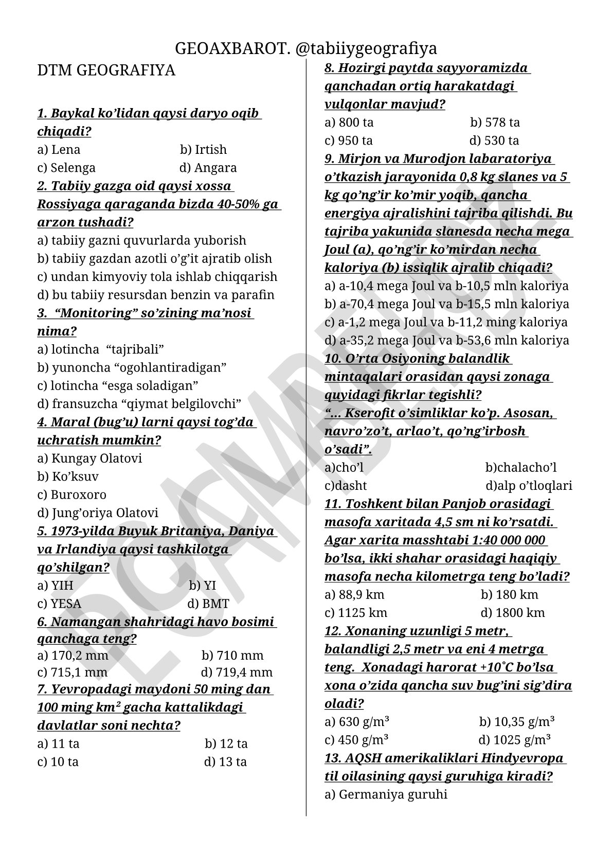 Geografiya fanidan test savollari to'plami