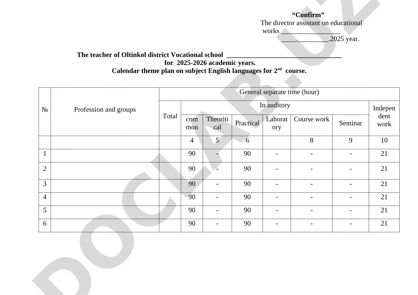 English language calendar theme plan for 2nd course