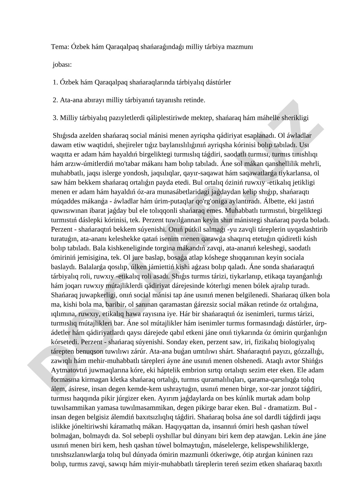 Ózbek hám Qaraqalpaq shańaraǵındaǵı milliy tárbiya mazmunı jobası