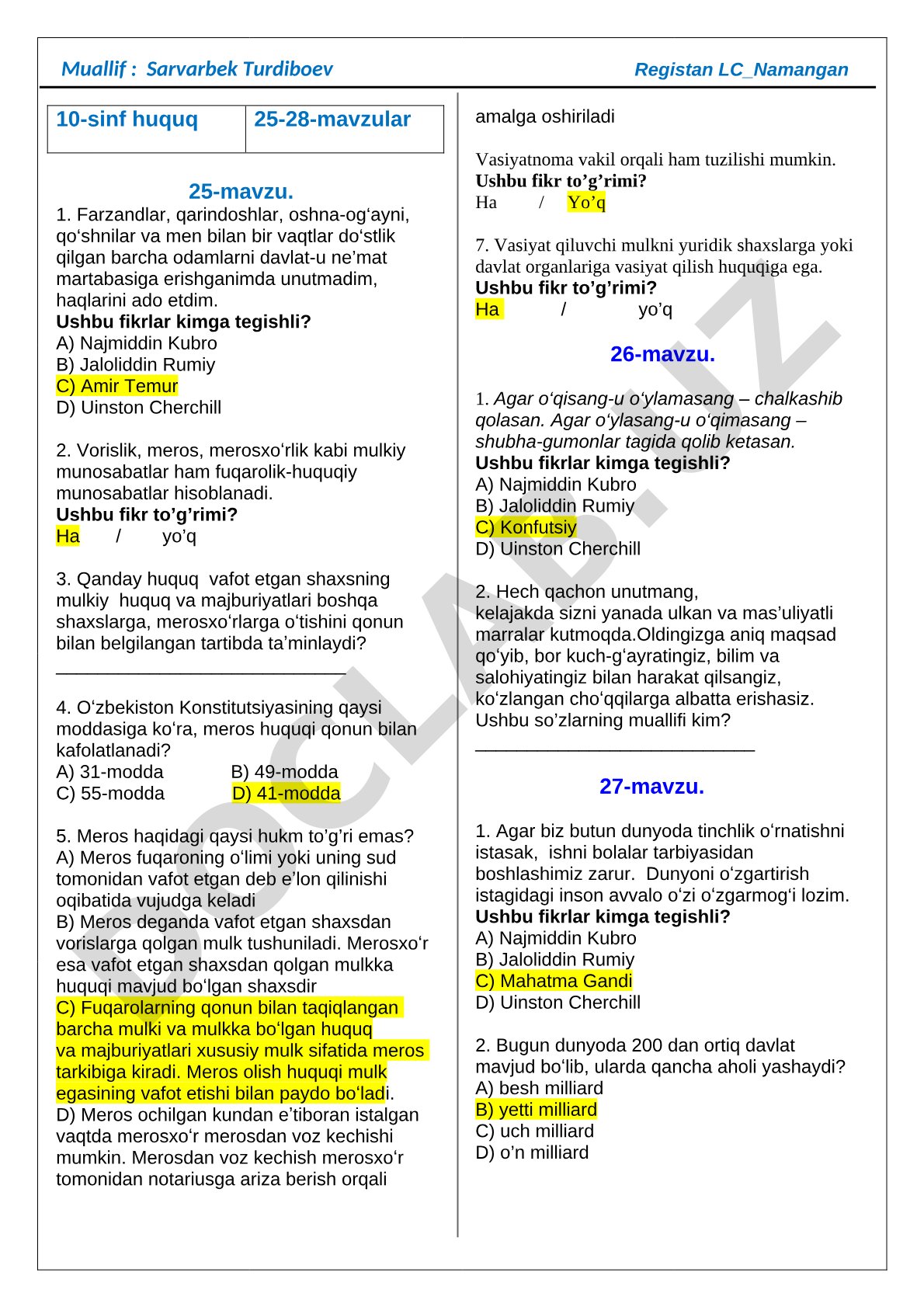 10-sinf huquq fanidan meros huquqi bo'yicha test savollari