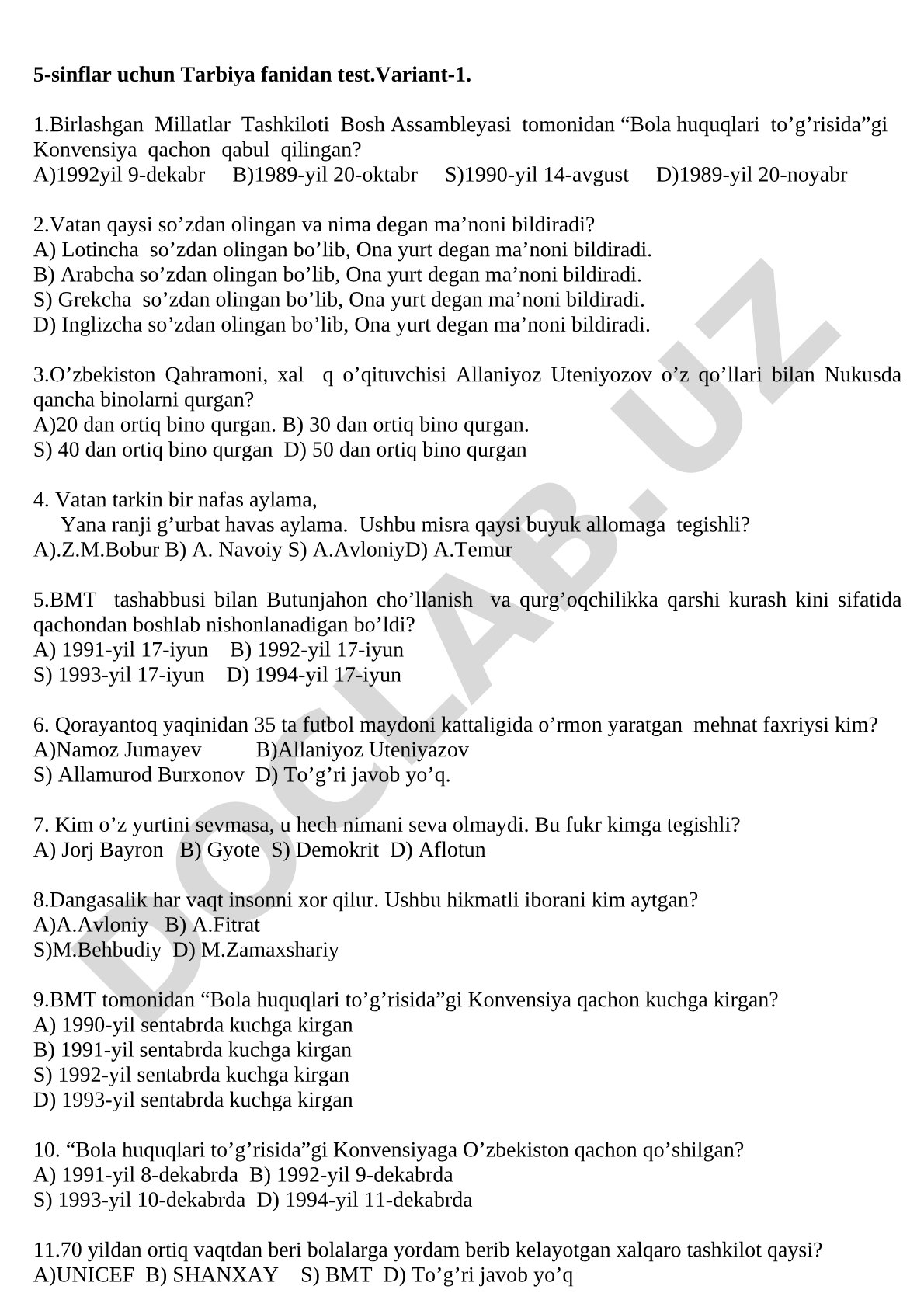 5-sinflar uchun Tarbiya fanidan test.Variant-1