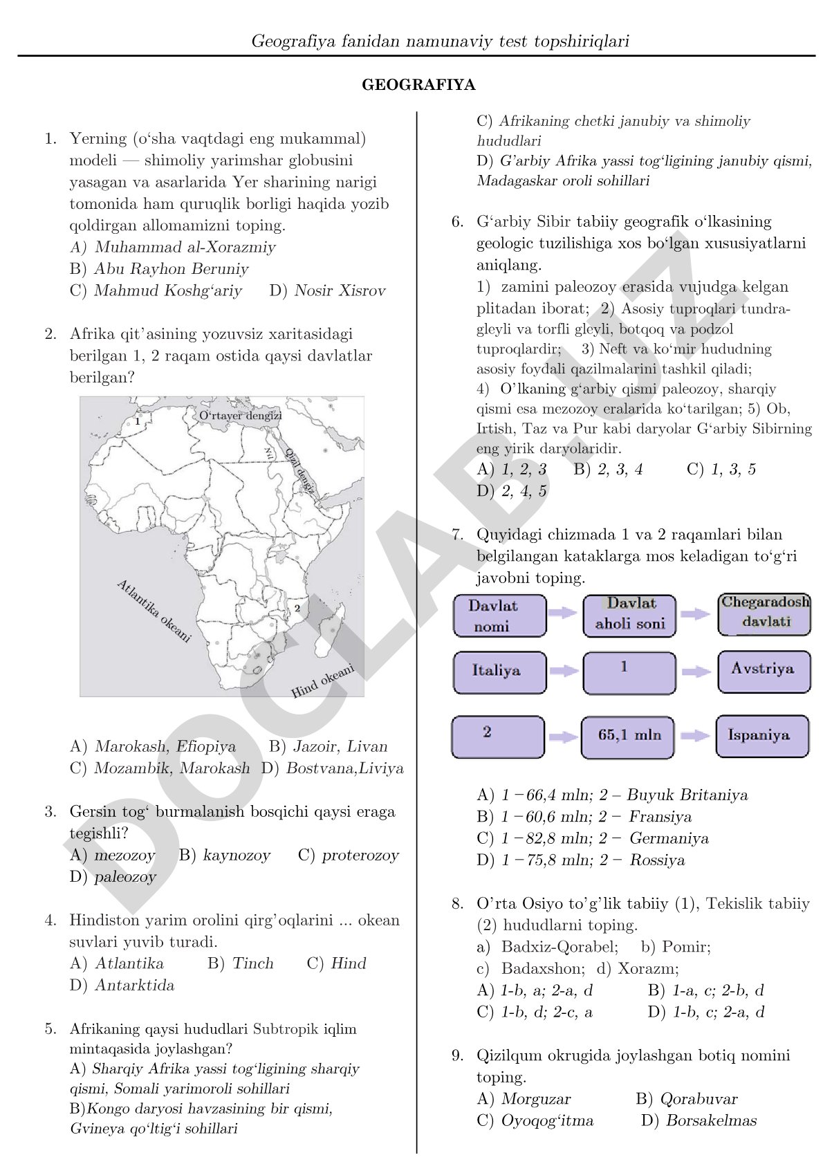 Geografiya fanidan namunaviy test topshiriqlari