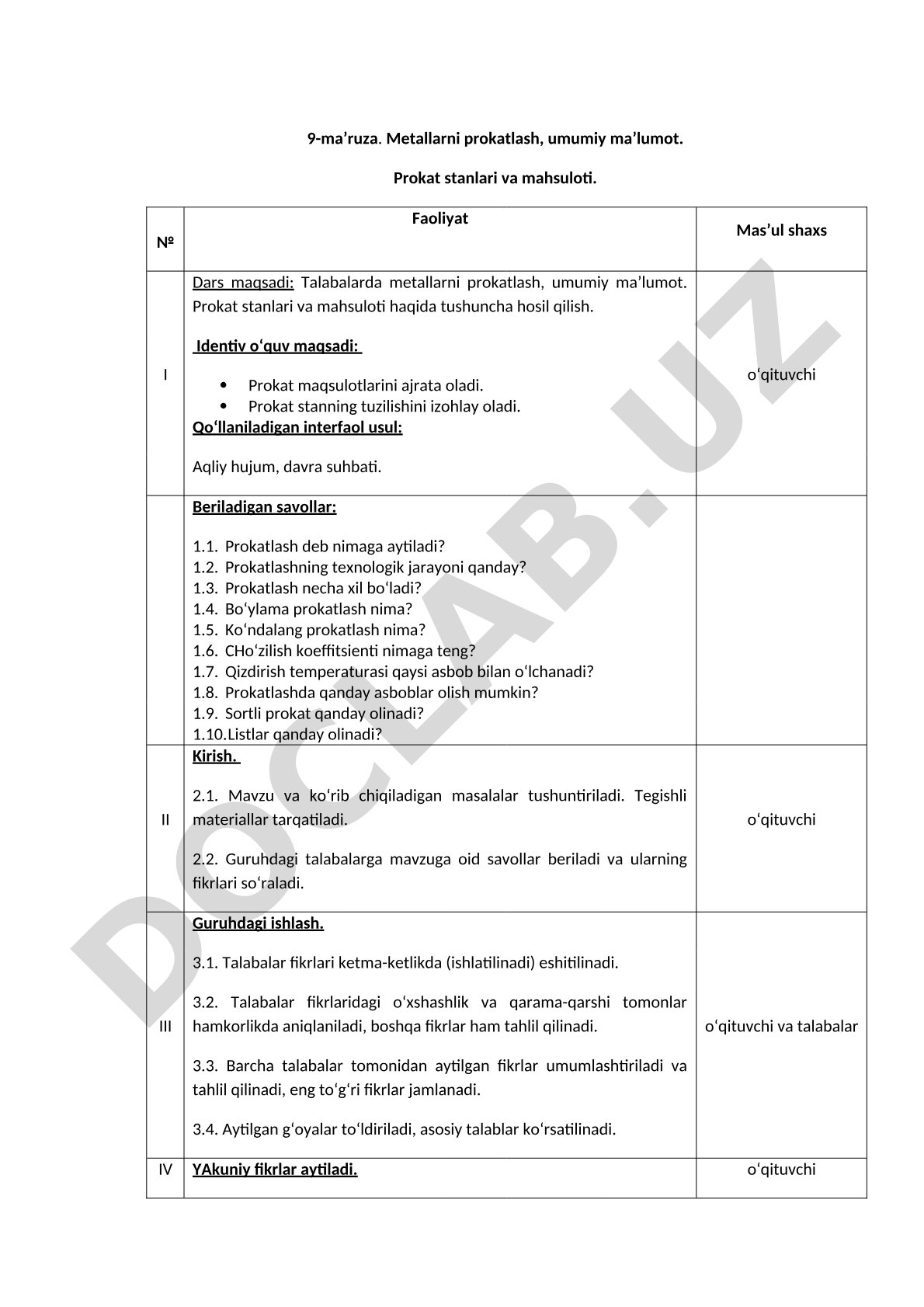 Metallarni prokatlash, umumiy ma’lumot. Prokat stanlari va mahsuloti