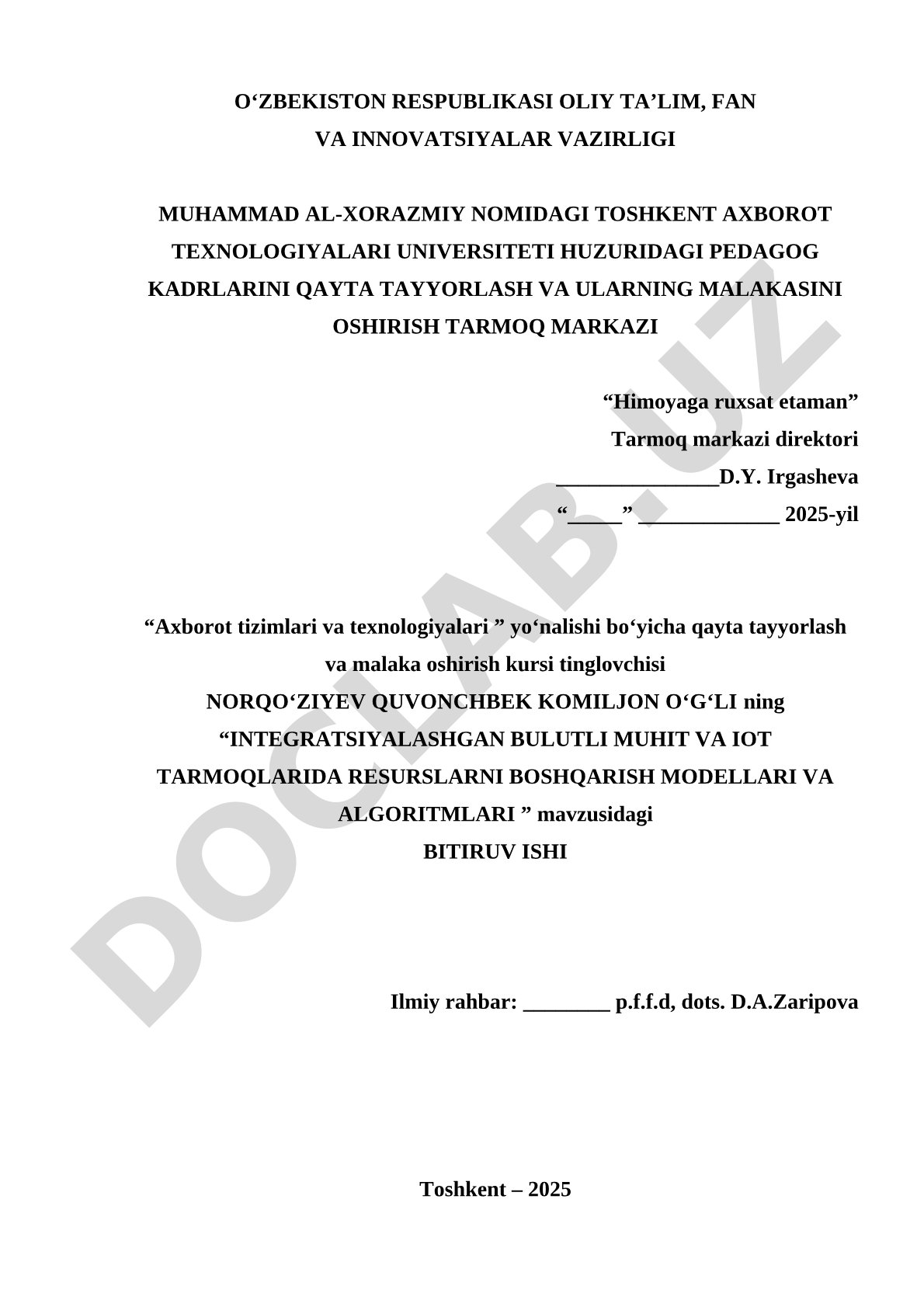 Integratsiyalashgan bulutli muhit va IoT tarmoqlarida resurslarni boshqarish modellari va algoritmlari