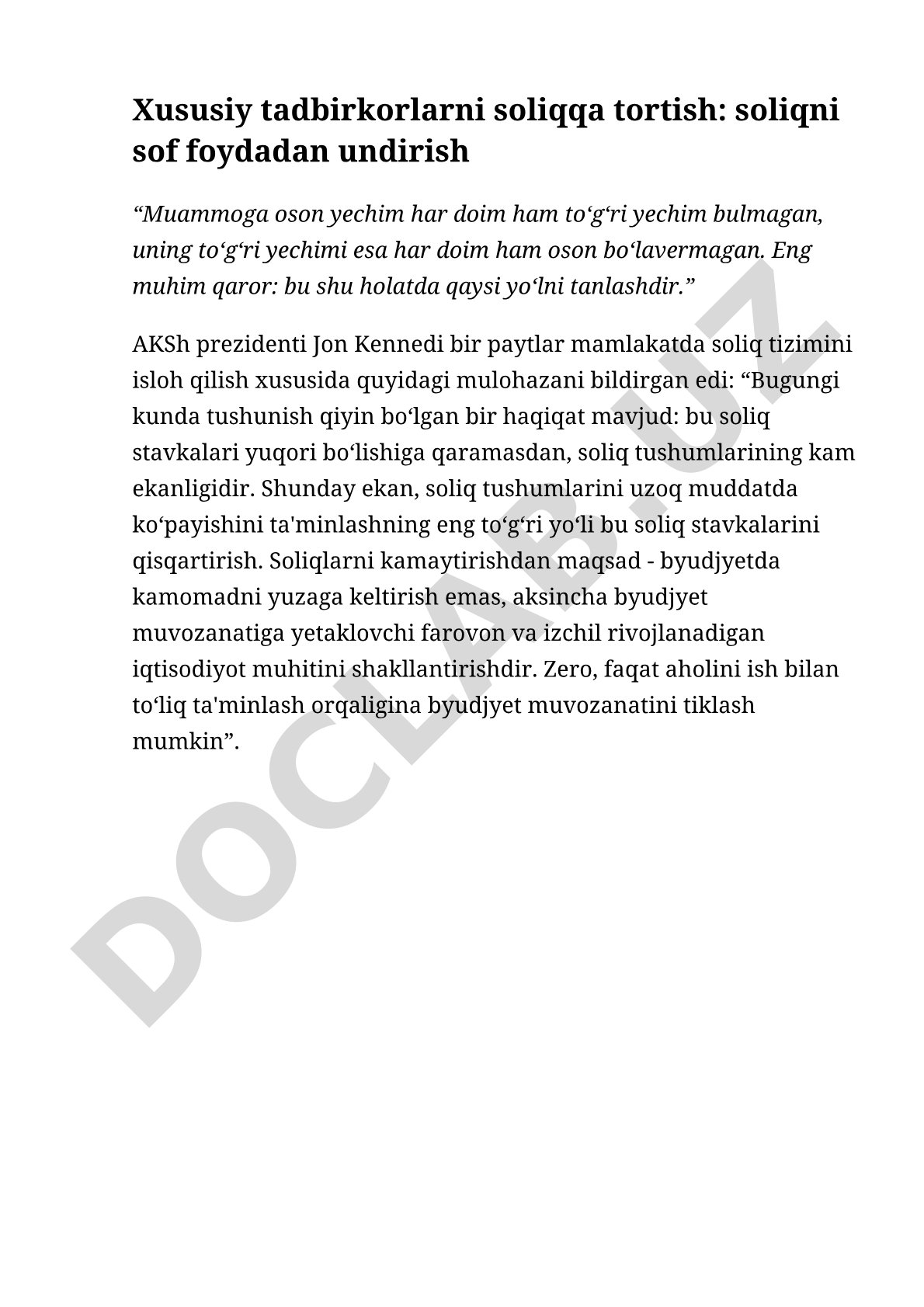 Xususiy tadbirkorlarni soliqqa tortish: soliqni sof foydadan undirish