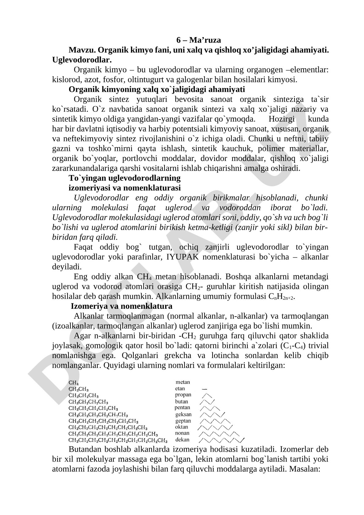 Organik kimyo fani, uni xalq va qishloq xo'jaligidagi ahamiyati. Uglevodorodlar