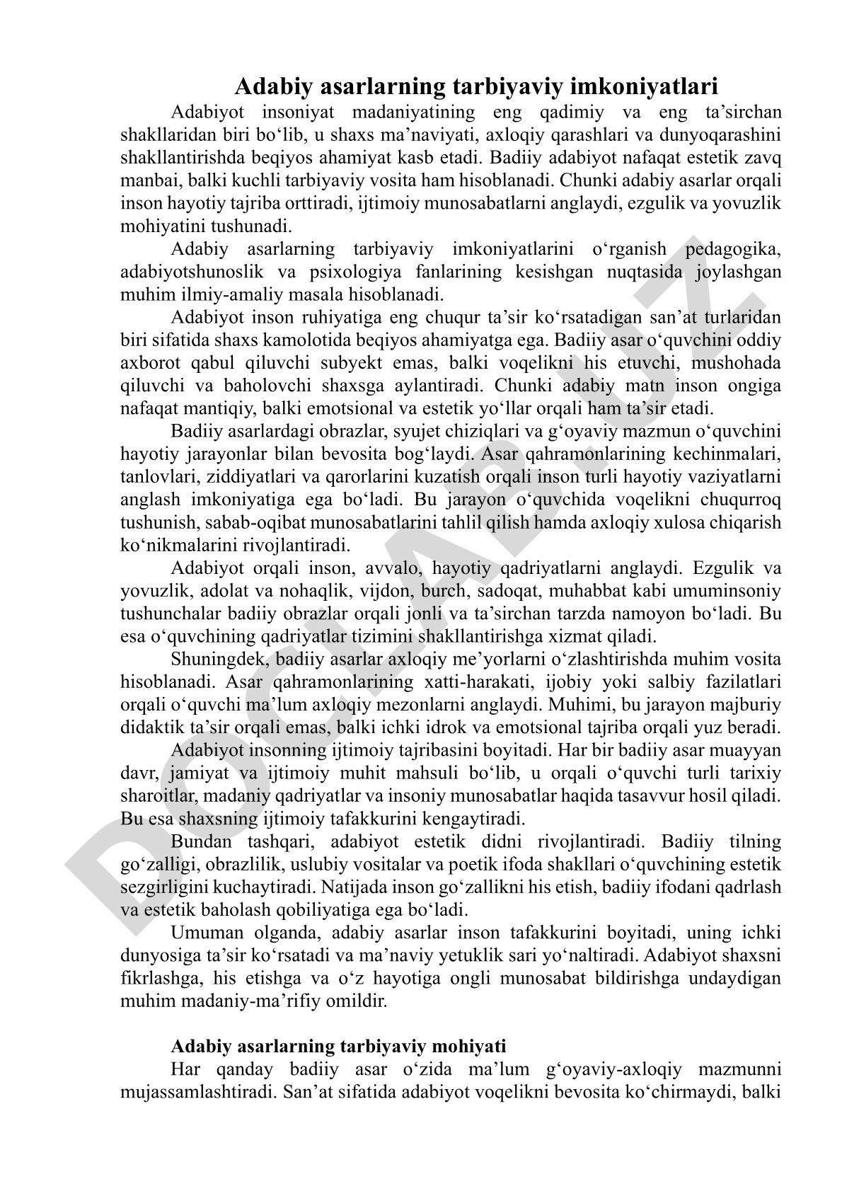 Adabiy asarlarning tarbiyaviy imkoniyatlari