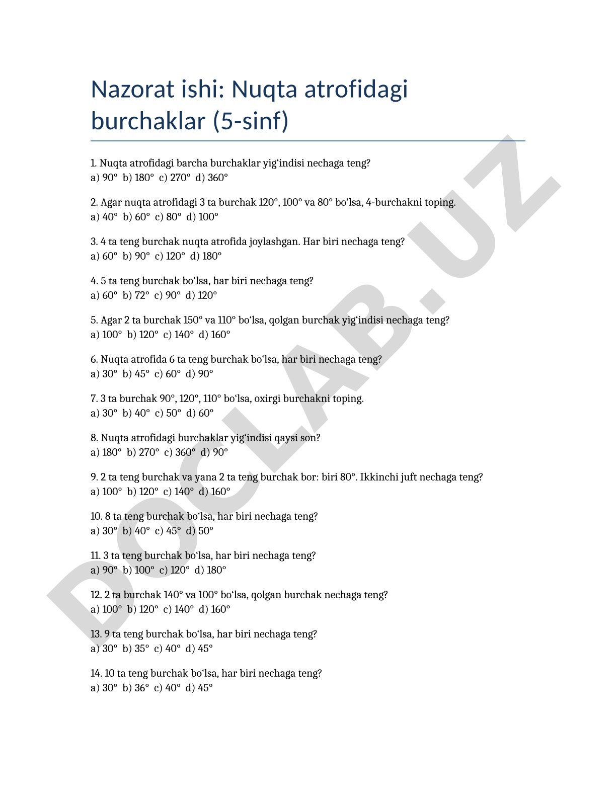 Nuqta atrofidagi burchaklar (5-sinf)
