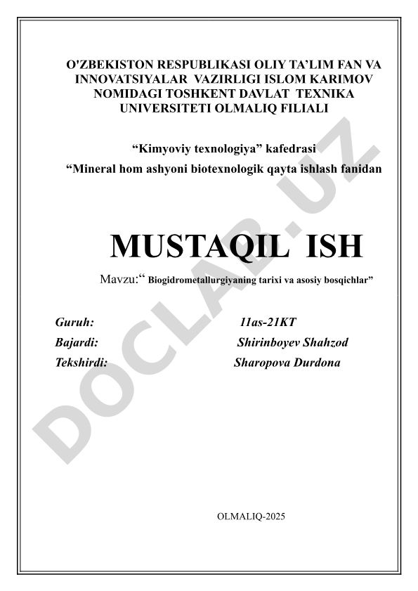 Biogidrometallurgiyaning tarixi va asosiy bosqichlari