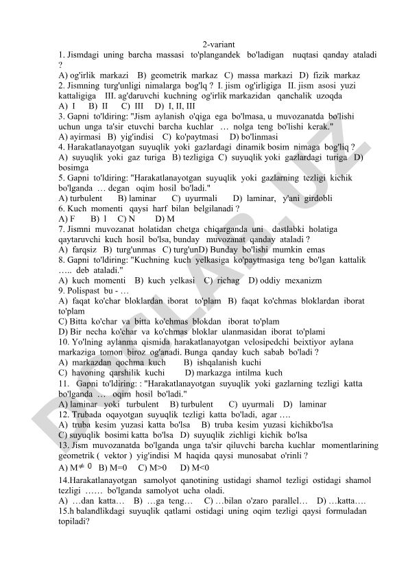 Fizika fanidan test savollari