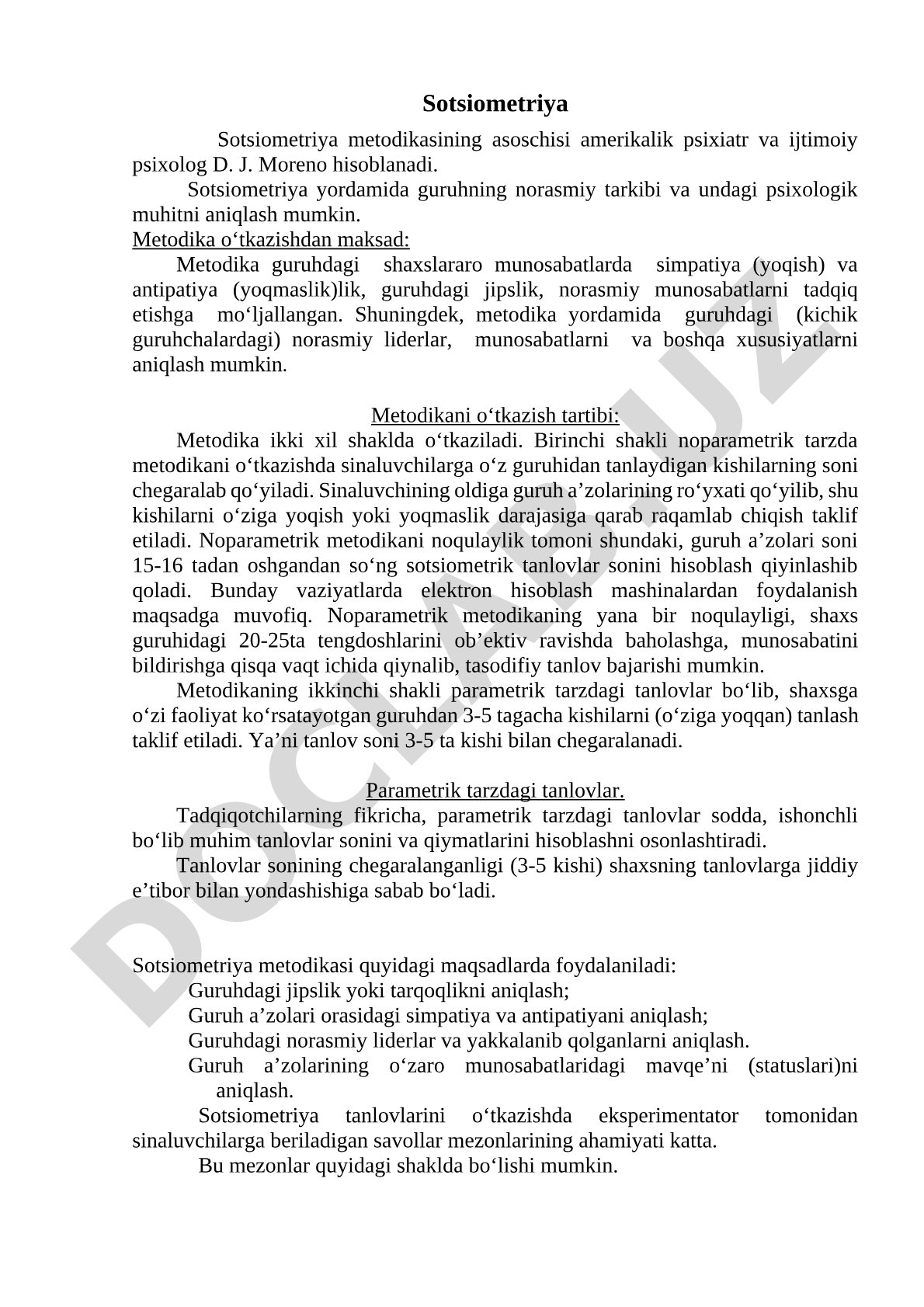 Sotsiometriya metodikasi, uning asoschisi, maqsadi va o‘tkazish tartibi haqida ma'lumot