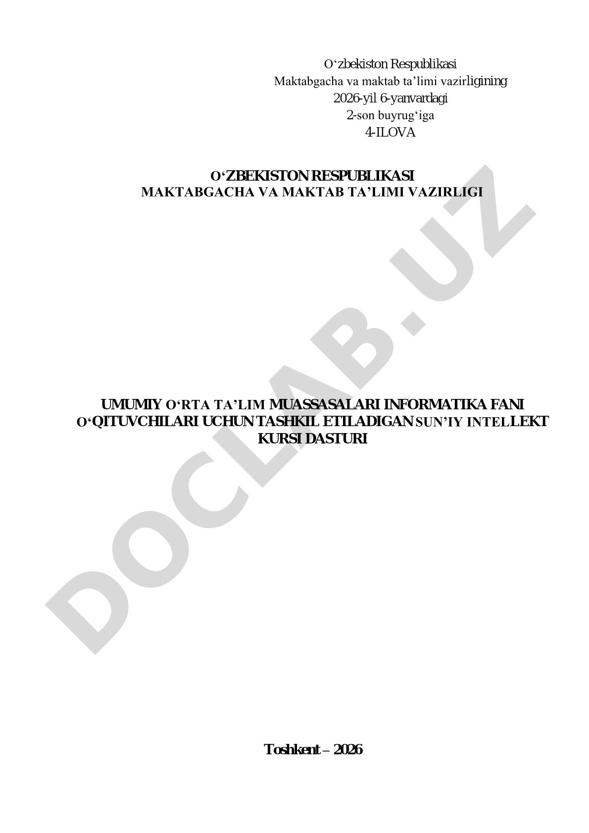 Umumiy o'rta ta'lim informatika o'qituvchilari uchun sun'iy intellekt kursi dasturi