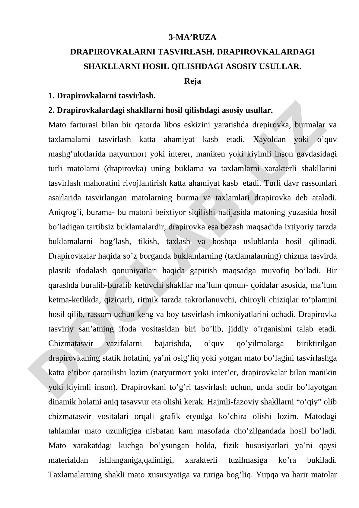 Drapirovkalarni tasvirlash va shakllarni hosil qilishdagi asosiy usullar