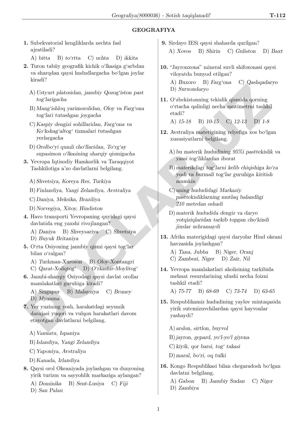 Geografiya test savollari