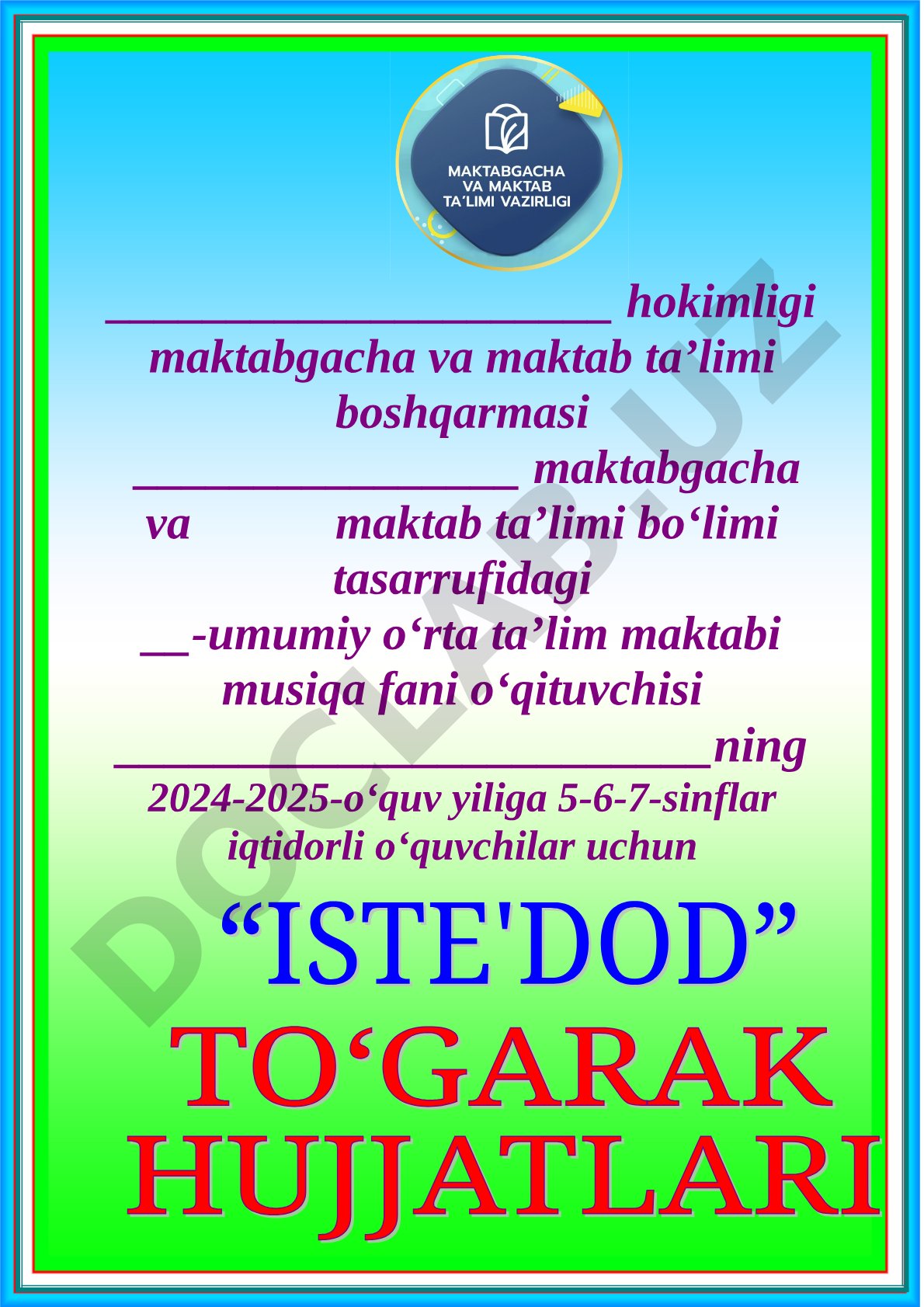Iqtidorli o'quvchilar uchun Iste'dod to'garagi ish rejasi