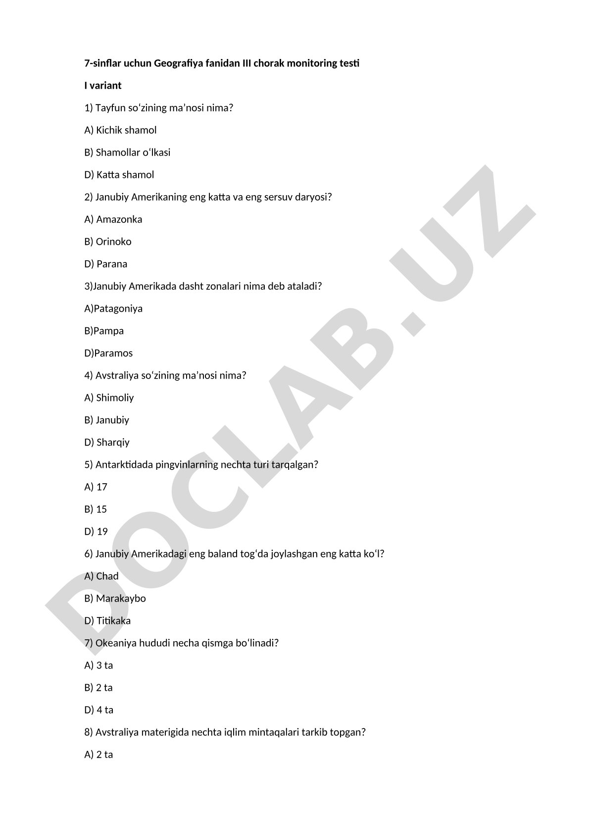 7-sinf Geografiya III chorak monitoring testi