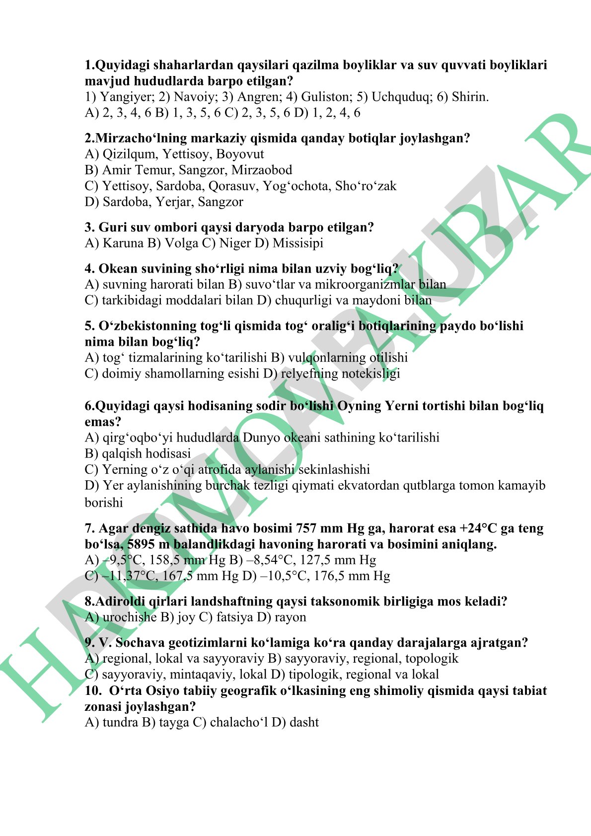 Geografiyadan test savollari