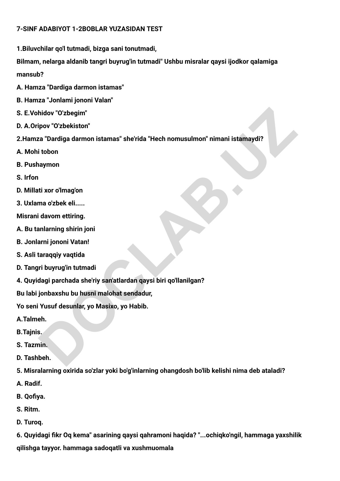 7-sinf adabiyot fanidan test savollari