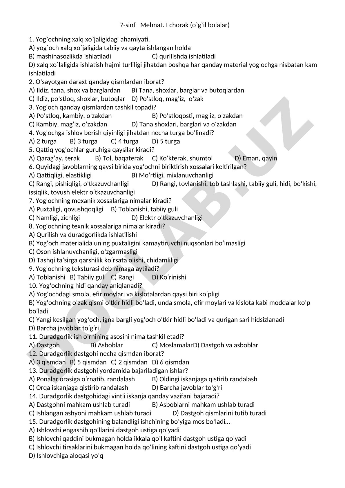 7-sinf Mehnat: Yog'ochning ahamiyati, tuzilishi va xossalari