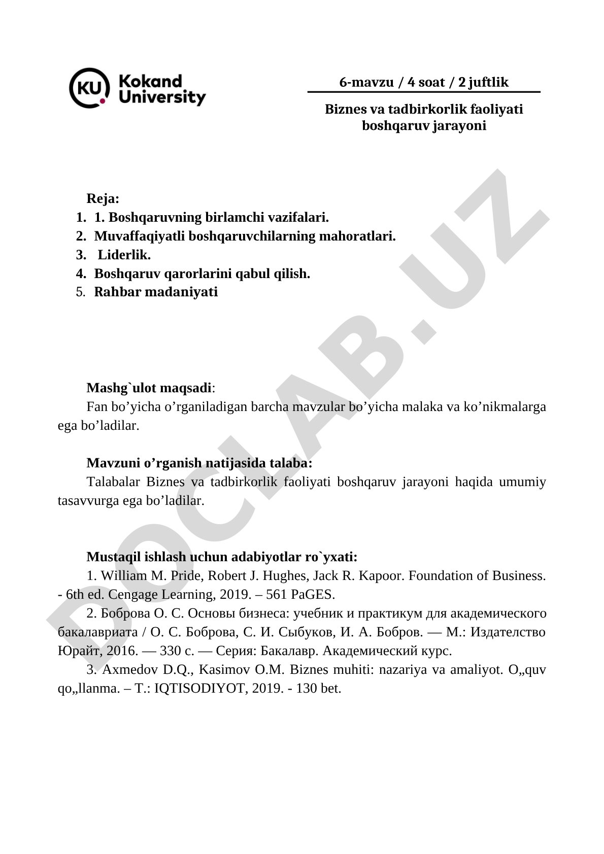 Biznes va tadbirkorlik faoliyati boshqaruv jarayoni
