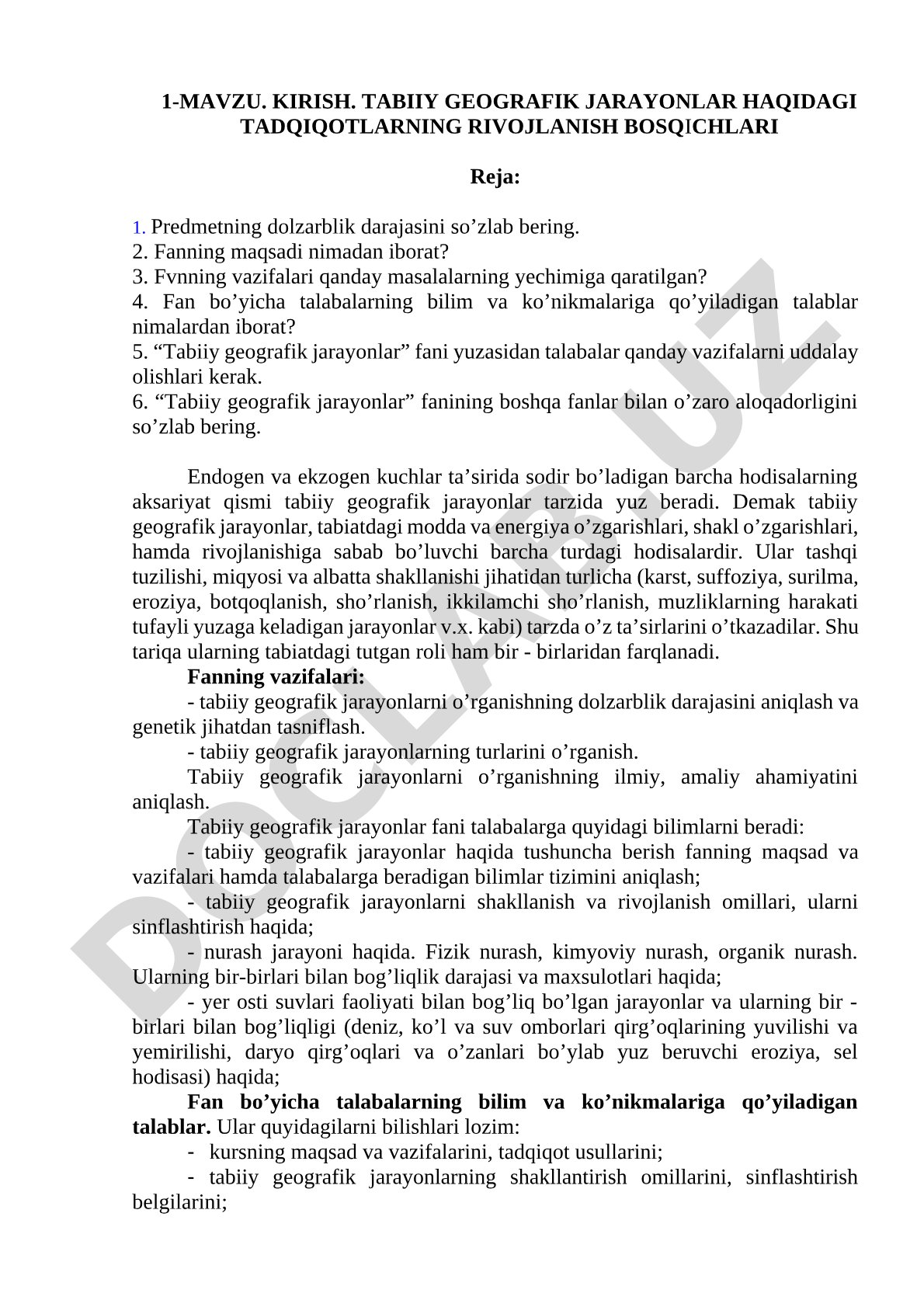 Kirish. Tabiiy geografik jarayonlar haqidagi tadqiqotlarning rivojlanish bosqichlari