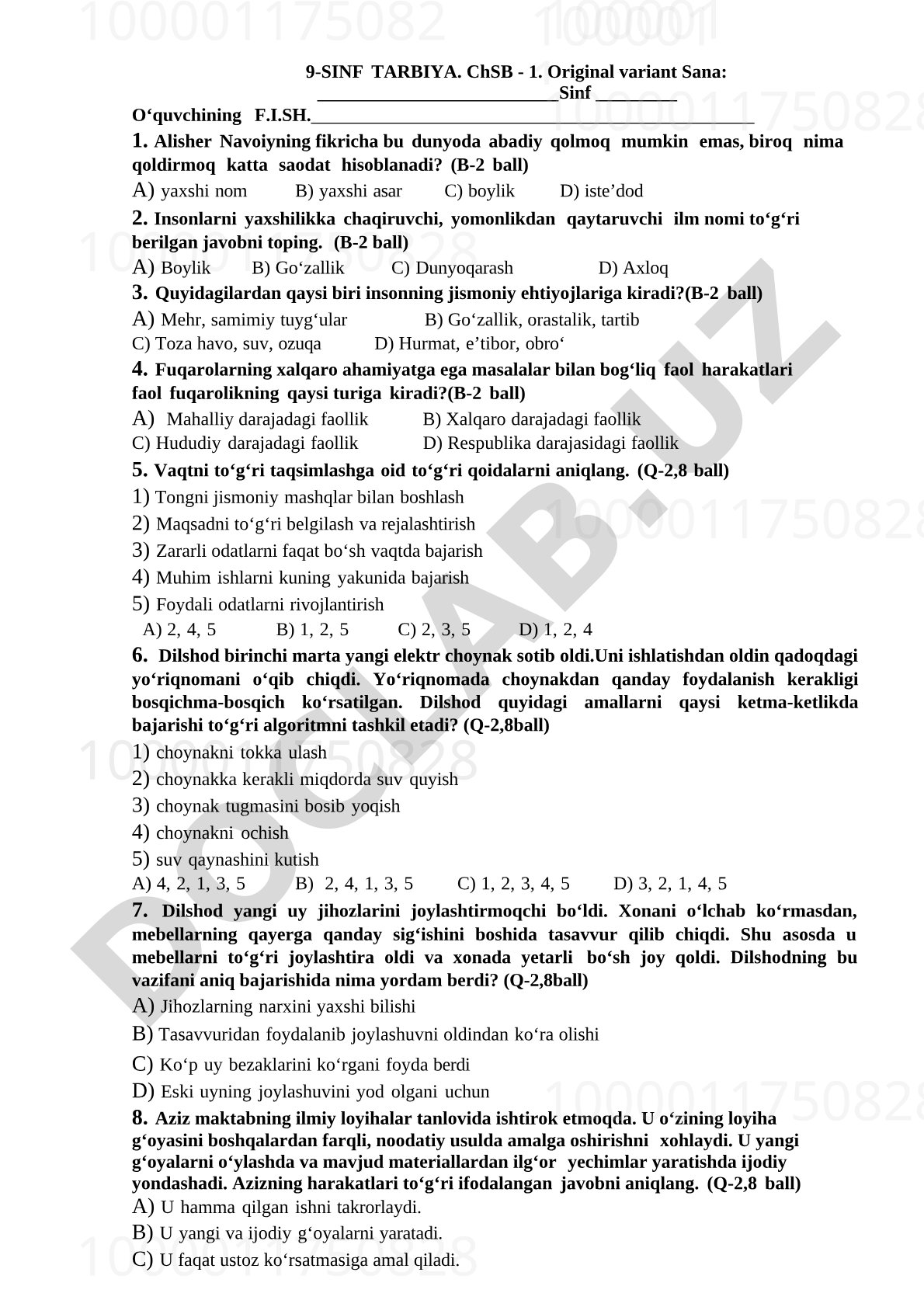 9-sinf Tarbiya fanidan ChSB original variant testlari