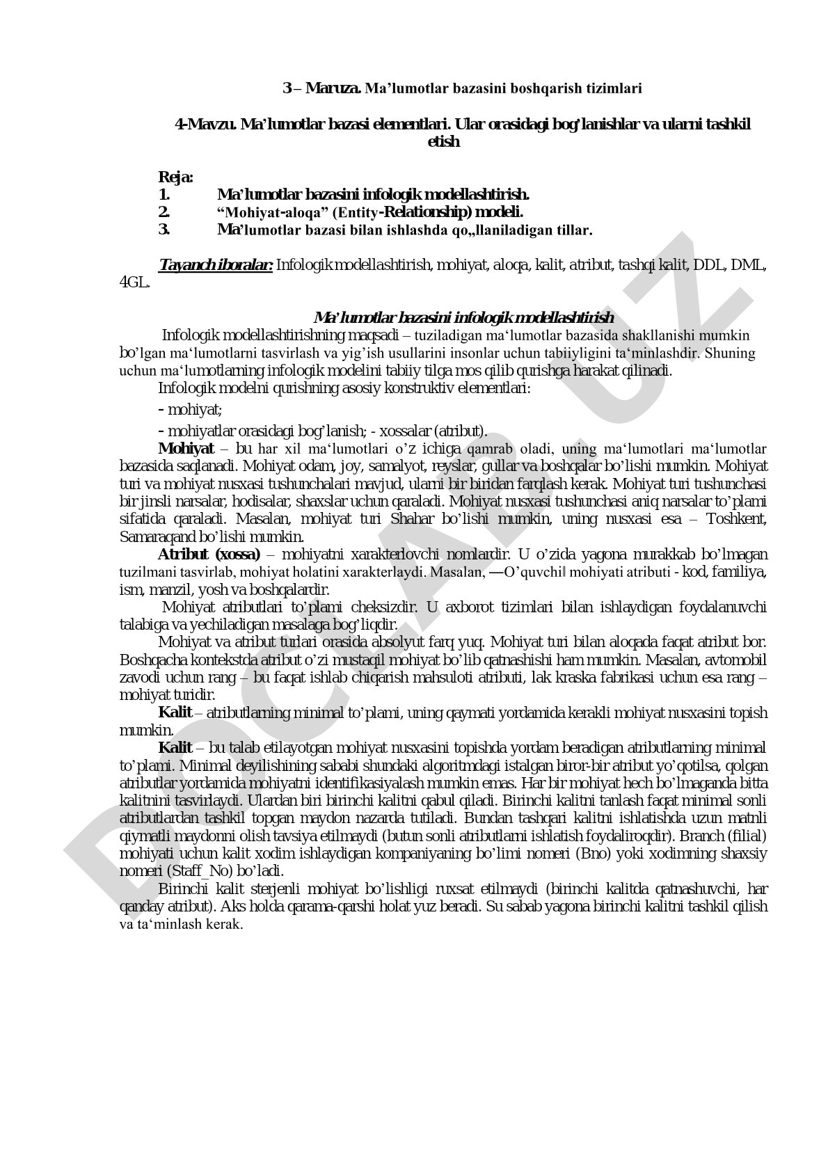 Ma’lumotlar bazasi elementlari. Ular orasidagi bog’lanishlar va ularni tashkil etish