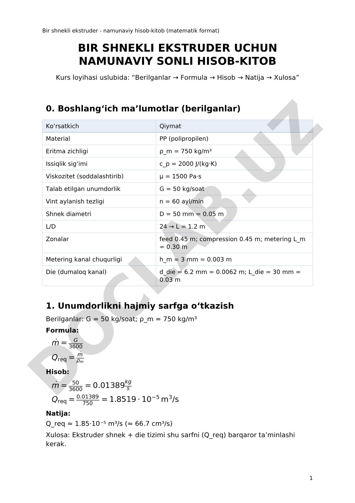Bir shnekli ekstruder uchun namunaviy sonli hisob-kitob