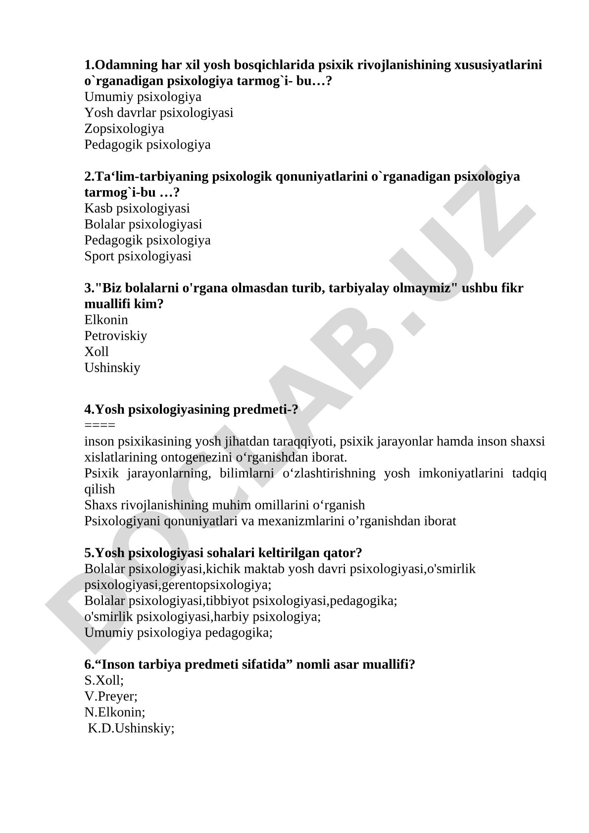 Yosh davrlari psixologiyasi test savollari