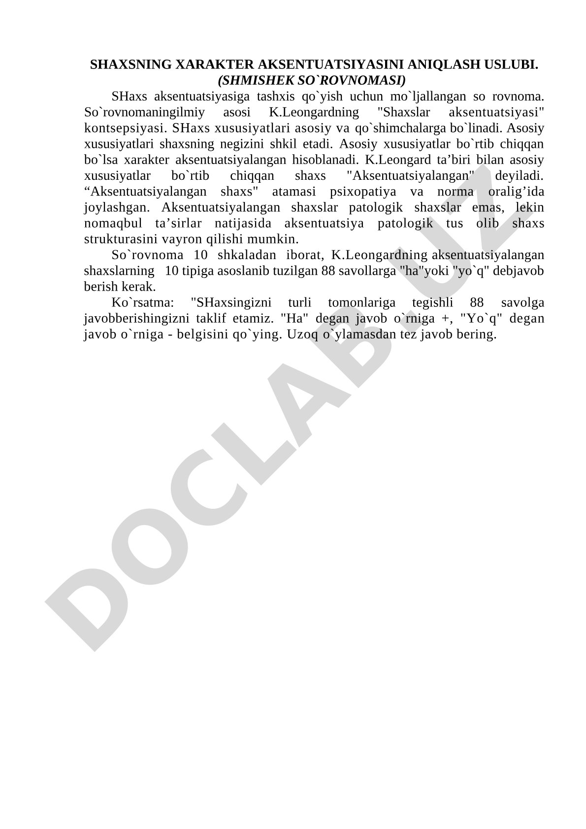 Shaxsning xarakter aksentuatsiyasini aniqlash uslubi (Shmishek so'rovnomasi)