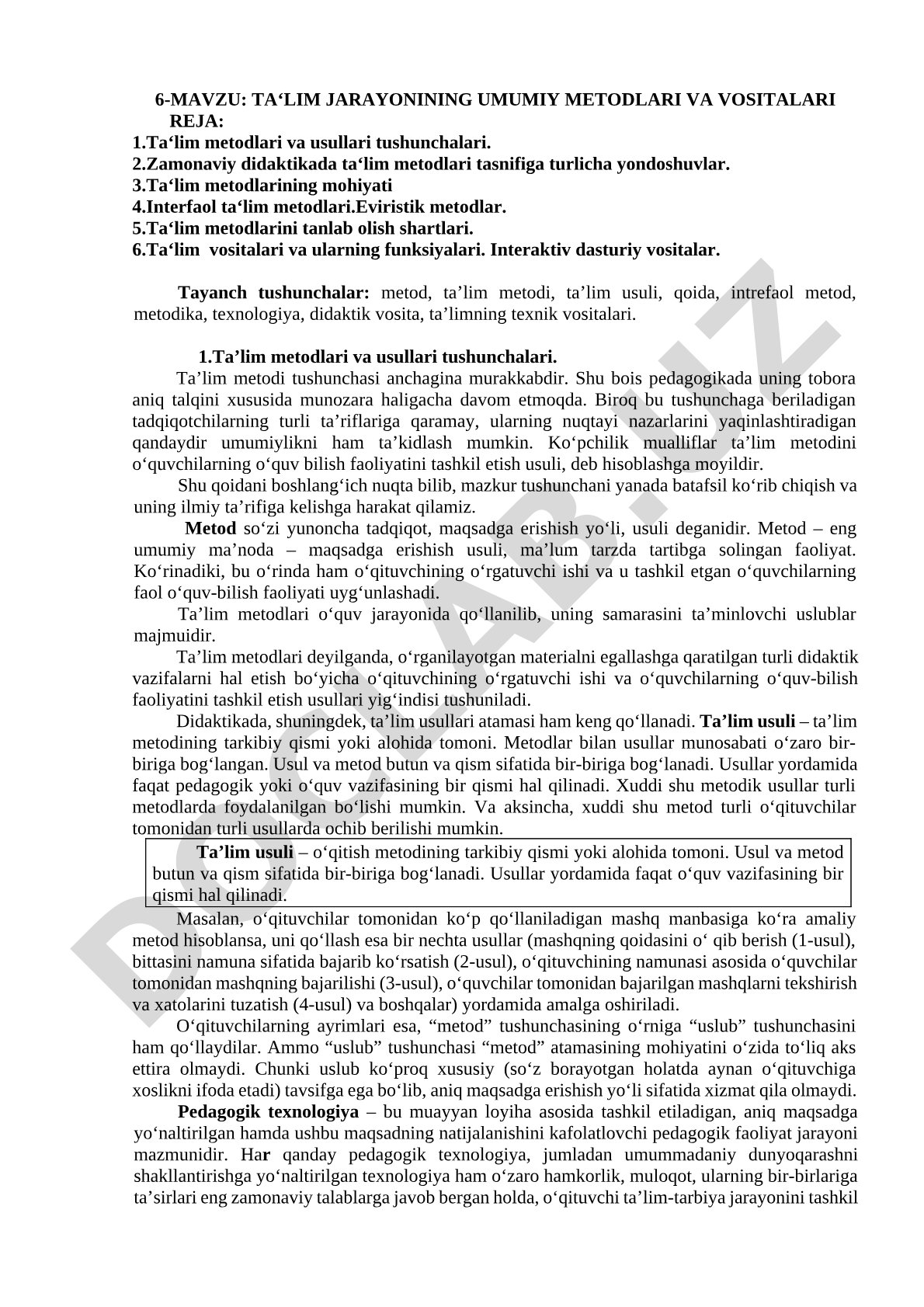 Ta'lim jarayonining umumiy metodlari va vositalari