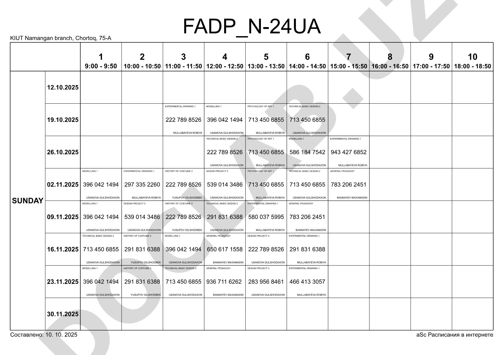 Timetable for art and design subjects