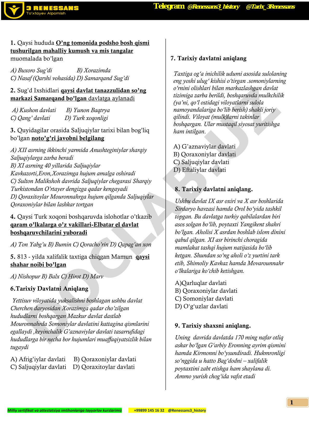 Tarix fanidan milliy sertifikat test savollari