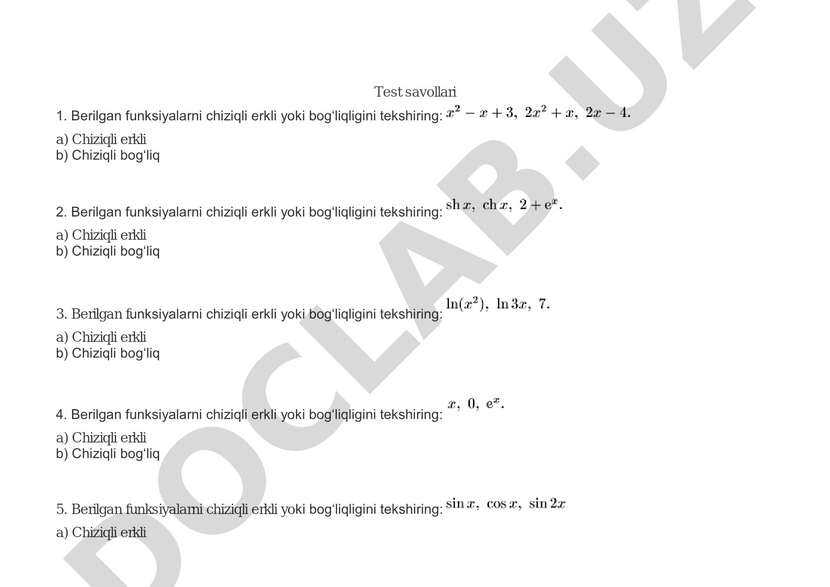 Funksiyalar chiziqli bog'liqligi va differensial tenglamalar
