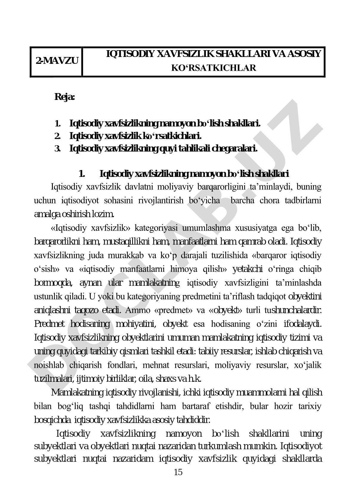 Iqtisodiy xavfsizlik shakllari va asosiy ko‘rsatkichlar