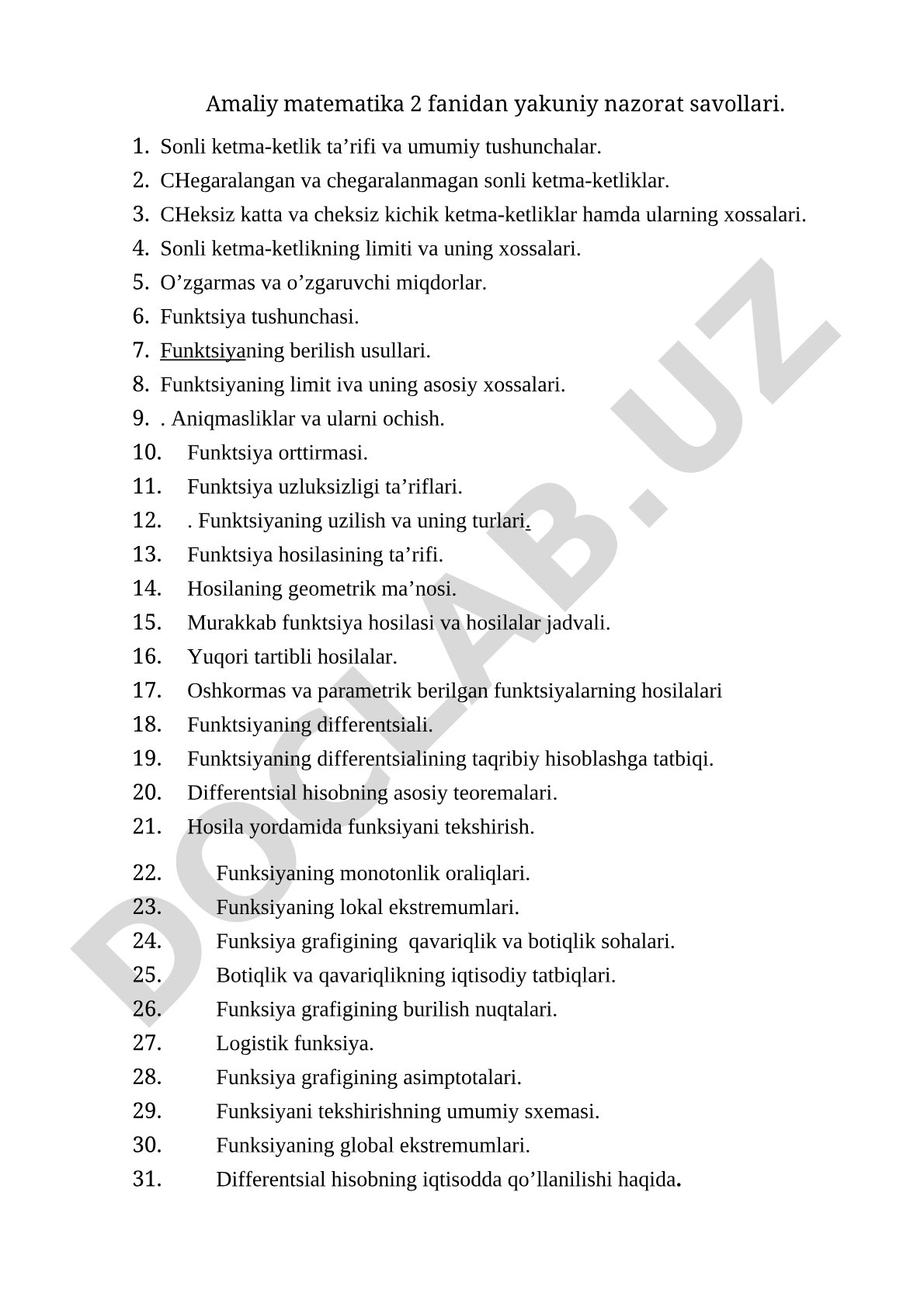 Amaliy matematika 2 fanidan yakuniy nazorat savollari