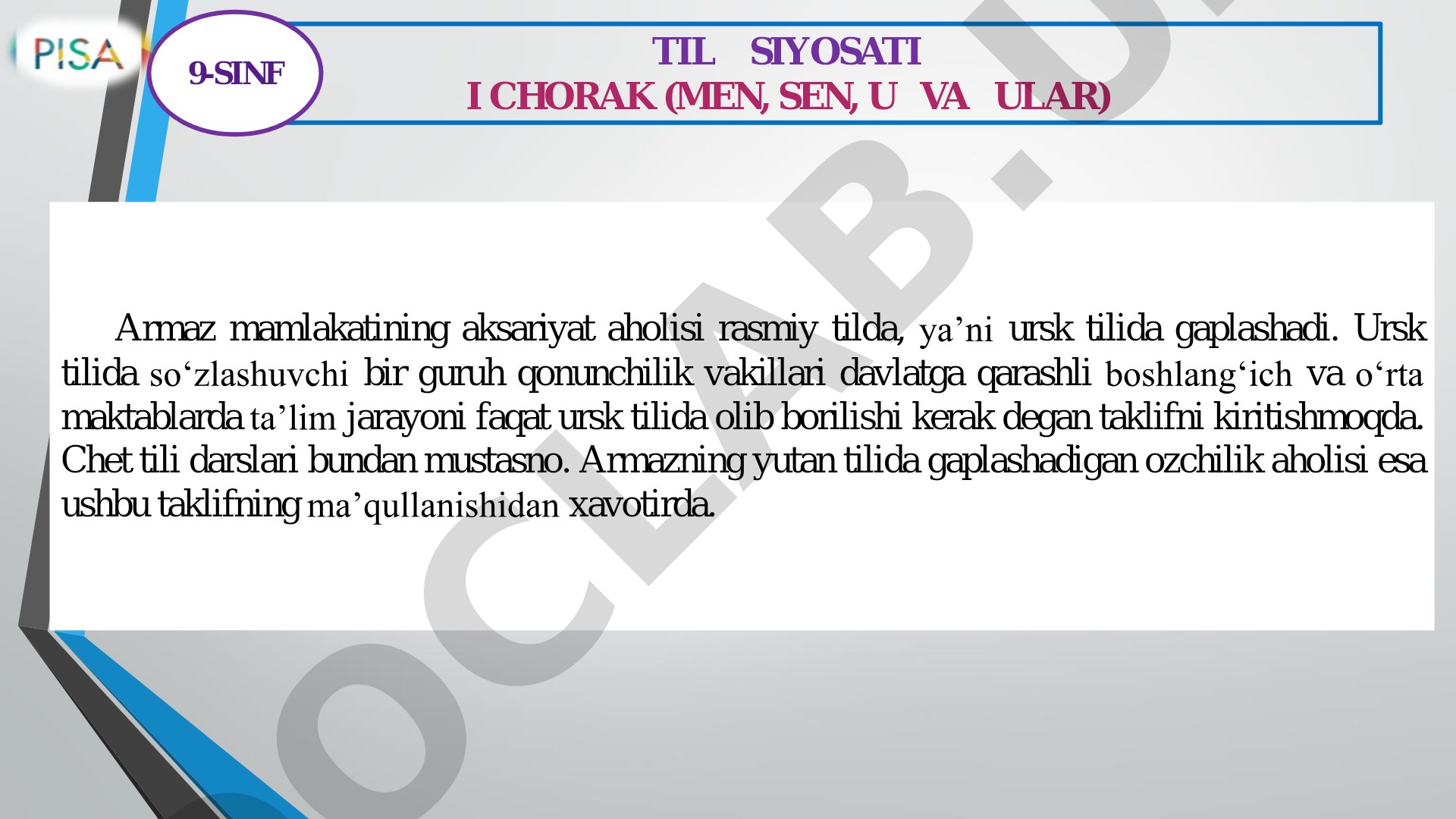 TIL SIYOSATI I CHORAK (MEN, SEN, U VA ULAR) 9-SINF